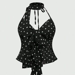 Polka Dot Printed Ruffle Trim Halter Neck Tank Top